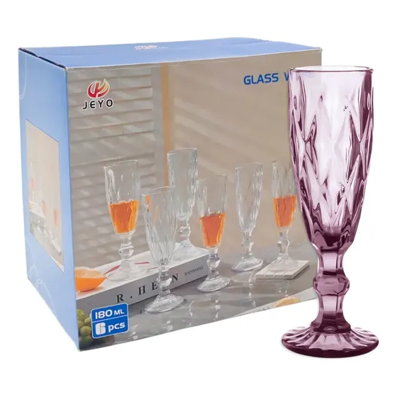 Set X6 Copa Champagne Flauta Rombos Labrado 180ml C/caja Hsk Rosa