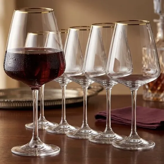 Set X6 Copas Cristal Vino Borde Dorado Tipo Bohemia Corvus