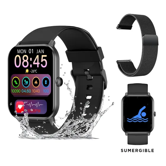 Smartwatch Negro Reloj Inteligente Nictom Llamadas Clasic - Malla Milanese Acero Inoxidable, Pantalla Táctil, Resistente al Agua, Bluetooth 