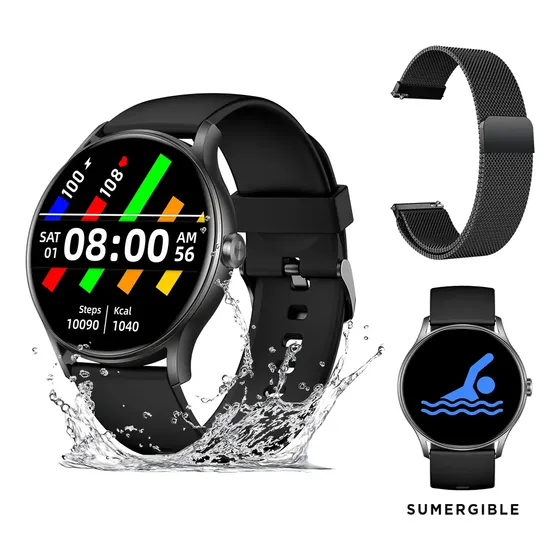 Smartwatch Redondo Nictom 1,28 Notificaciones + Malla Metálica Color de la caja Negro Color de la malla Negro
