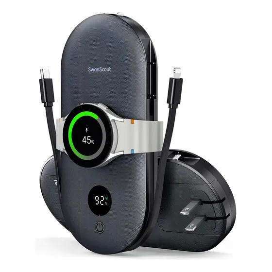 SwanScout 302S - Cargador Portátil 10000mAh para Galaxy Watch, Power Bank de Carga Rápida con Cables Incorporados y Enchufe de Pared, Compat