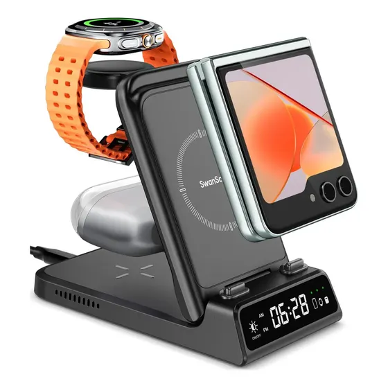 SwanScout 703F - Estación de Carga Inalámbrica 3 en 1 para Samsung Z Flip, compatible con Galaxy Z Flip 7/7 FE/6/5/4/3, Galaxy Watch Ultra/F