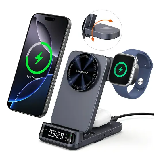 SwanScout 708M - Estación de Carga Inalámbrica Magnética Plegable 3 en 1 para MagSafe, compatible con iPhone 17/16/15/Air, Apple Watch Ultra