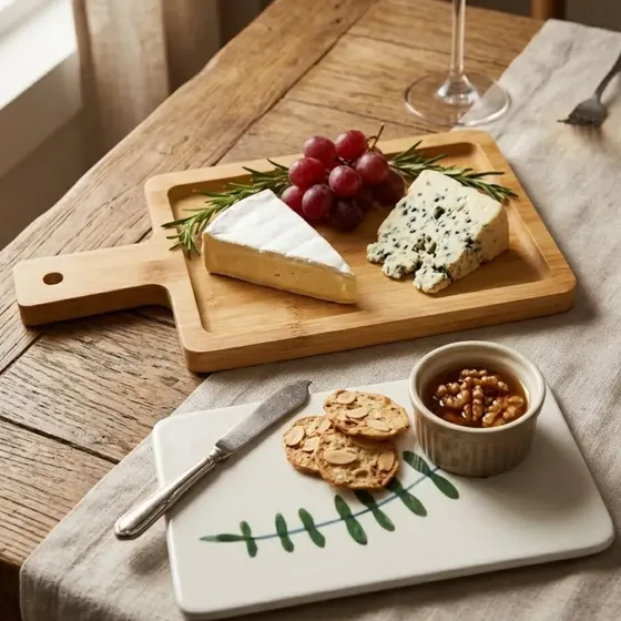 Tabla para Picada de Bambú con Plato de Gres Extraíble – Copetinera Rectangular para Quesos, Fiambres y Sushi