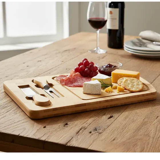 Tabla Para Picada Quesos Fiambres Bambu Tenedor Cuchillo