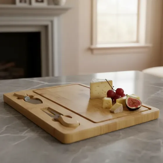 Tabla Para Quesos Picadas Madera De Bambu Con Cubiertos