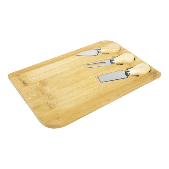 Tabla Quesos Bambú 3 Utensilios Acero Inoxidable C/grabado