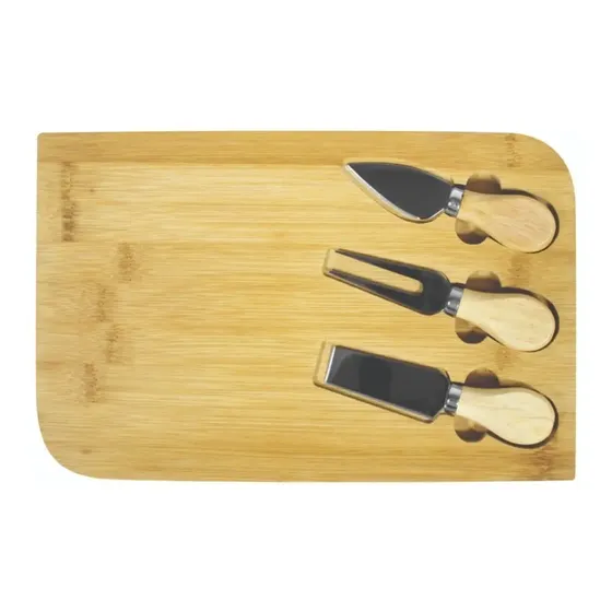 Tabla Quesos Bambú 3 Utensilios Acero Inoxidable Con Grabado