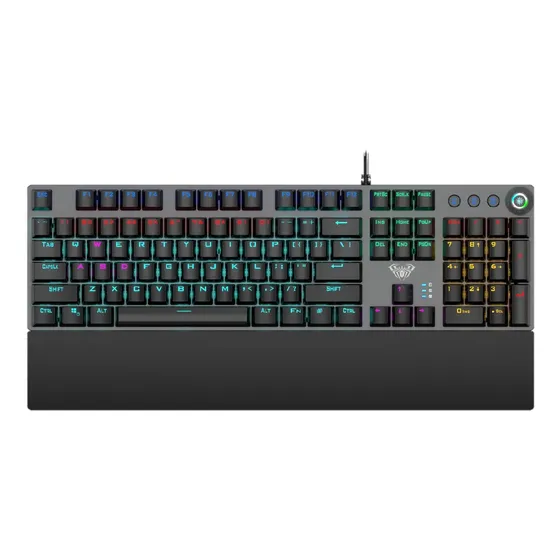 Teclado Gamer Mecánico Aula F2058 Rainbow Rgb Switches Blue Con Apoyamuñecas y Dial