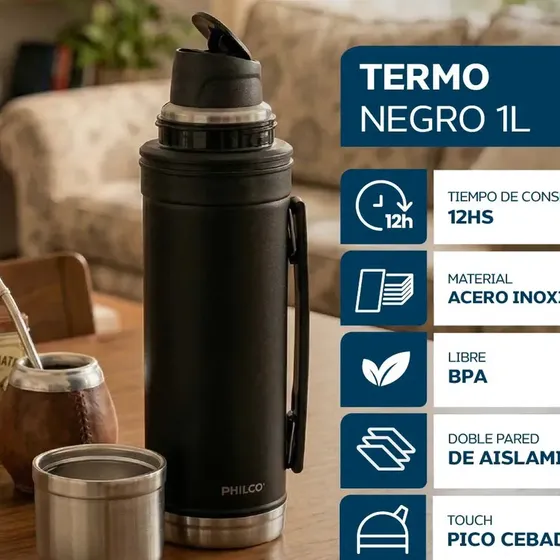 Termo Acero Inoxidable Philco T1000 1 Litro Con Pico Cebador Doble Pared
