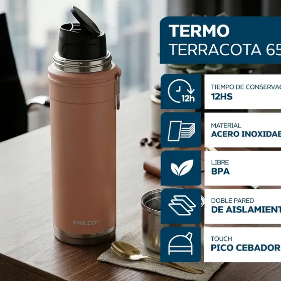 Termo Philco De Acero Inoxidable 650ml Terracota Con Pico Cebador Doble Pared