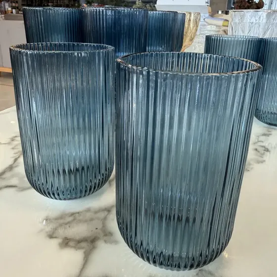 Vasos De Vidrio Labrado 6 Unidades Vasos Labrados Rayas Azul 430ml